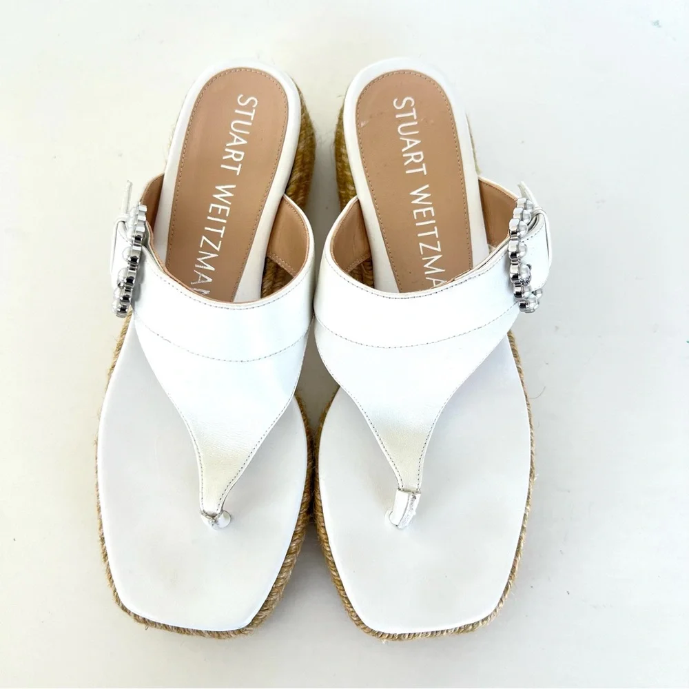 STUART WEITZMAN White Leather Pearl Buckle Thong Slip Espadrille Sandals Sz 6.5
